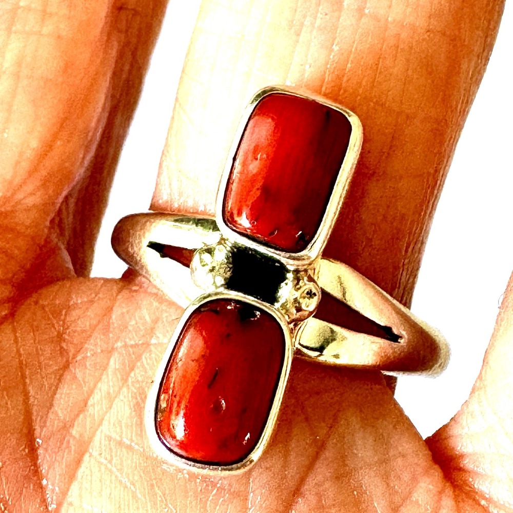 Navajo Red Branch Coral Ring Sz 9 Sterling Signed A Two Stone High Shine Native